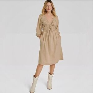 Universal Thread Tan Linen Blend V-Neck Tie Front Midi Dress